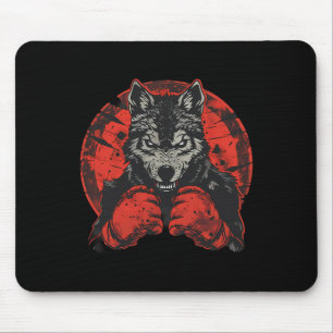 Tapis De Souris Loup de boxe avec gants de boxe Kickboxing Drôle B