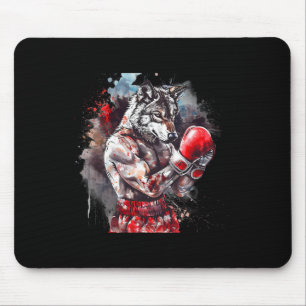 Tapis De Souris Loup de boxe avec gants de boxe Kickboxing Drôle B
