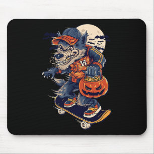 Tapis De Souris Loup de skateboard cool portant une citrouille d'H