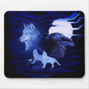 Tapis De Souris Loups et corbeau avec pleine lune