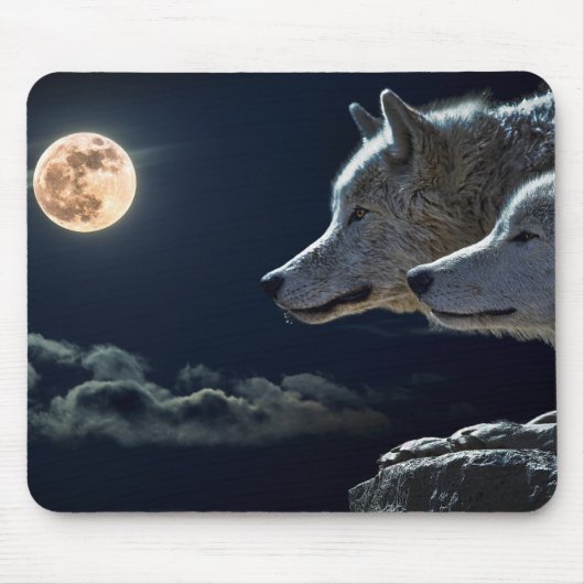 Tapis De Souris Loups hurlant à la Pleine lune de nuit (Devant)