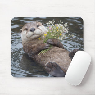 Tapis De Souris Loutre flottant avec bouquet de fleurs sauvages