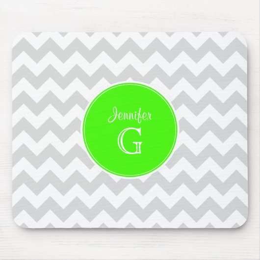 Tapis De Souris Lt Grey Blanc Chevron Rnd Lime Vert Nom Monogramme (Devant)