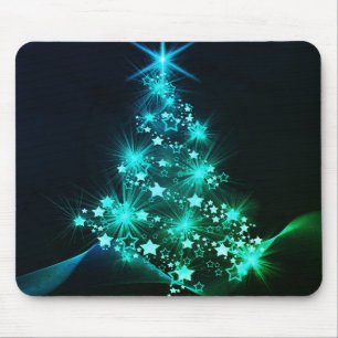 Tapis De Souris Lueur verte des étoiles sur le sapin de Noël sombr