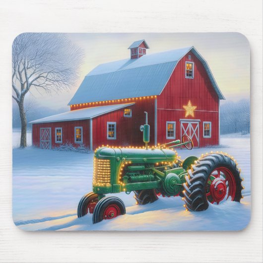 Tapis De Souris Lumières de Noël sur un tracteur agricole vert (Devant)