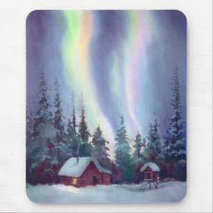 Tapis De Souris LUMIÈRES DU NORD et CABINE de RONDIN par SHARON