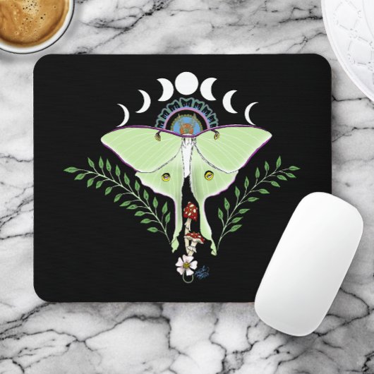 Tapis De Souris Lune Papillon Éthéré Vert Mystique Céleste