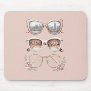 Tapis De Souris Lunettes Rose Pâle Léopard Floralité Urbaine