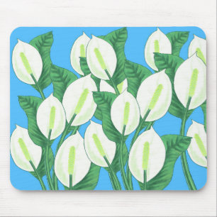 Tapis De Souris Lys blancs sur arrière - plan bleu pâle