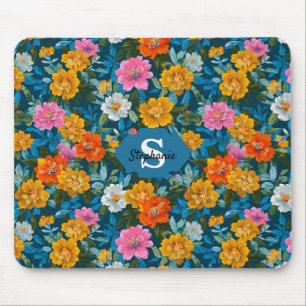 Tapis De Souris Magenta Jaune Floral Sombre Teal