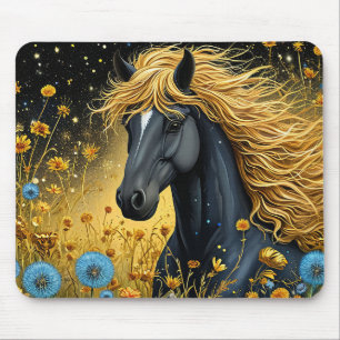 Tapis De Souris Magnifique étalon noir parmi des fleurs sauvages v