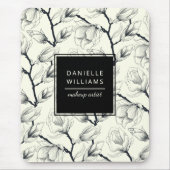 Tapis De Souris Magnolia Botanique Élégante Noire et Hors Blanc (Devant)