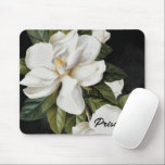 Tapis De Souris Magnolia florale botanique personnalisée<br><div class="desc">Le pavé de souris noir et blanc Magnolia personnalise un nom ou un message. Conception de la fête du Cava.</div>