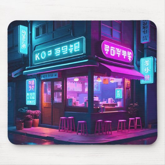 Tapis De Souris Maison de café néon coréenne LoFi Art (Devant)