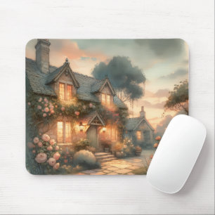 Tapis De Souris Maison de conte de fées au coucher du soleil avec