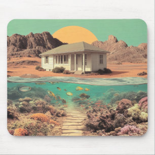Tapis De Souris Maison surréaliste du désert avec récif sous-marin