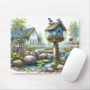 Tapis De Souris Maisoncampagne Maisonnette Oiseau Aquarelle Jardin