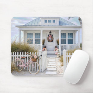 Tapis De Souris Maisonnette de plage blanche avec citrouilles rose