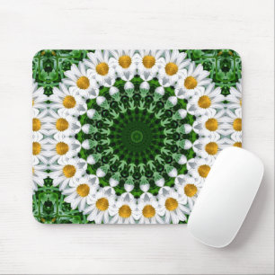 Tapis De Souris Mandala blanche en marguerite avec symétrie verte