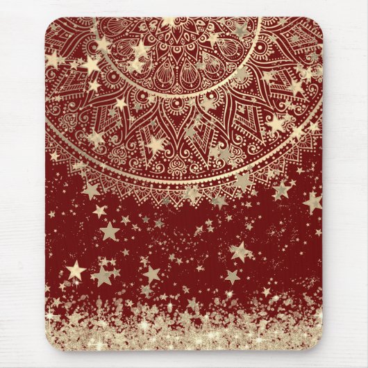 Tapis De Souris Mandala enchanteur avec étoiles d'or sur rouge (Devant)