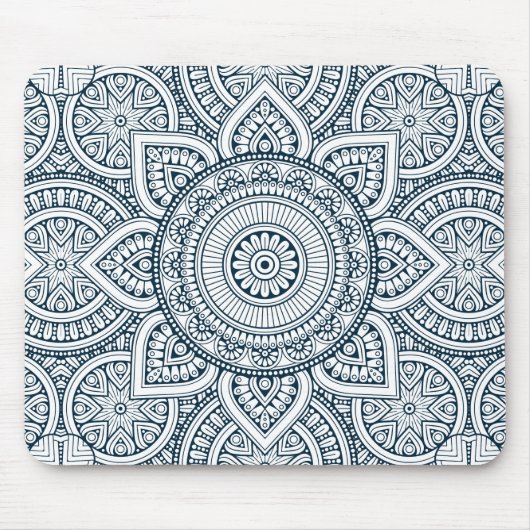 Tapis De Souris Mandala floral blanc bleu géométrique (Devant)