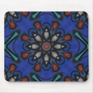 Tapis De Souris Mandala Kaléidoscope Bleu avec Accents Rouges et G