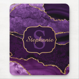 Tapis De Souris Marbre Agate Monogramme Pailleté Or et Violet