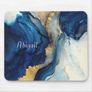 Tapis De Souris Marbre Aquarelle Bleu Nuit Or Monogramme 