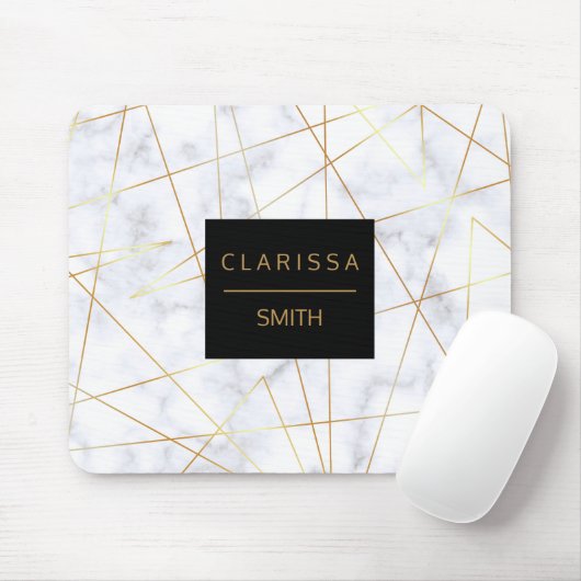 Tapis De Souris marbre blanc élégant faux or géométrique (Avec souris)