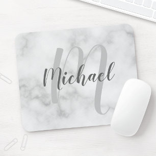 Tapis De Souris Marbre blanc Monogramme personnalisé et nom
