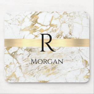 Tapis De Souris Marbre Blanc & Or Barre Or, Monogramme Nom Noir DI