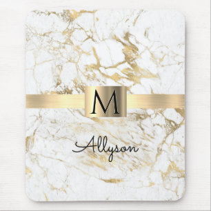 Tapis De Souris Marbre Blanc & Or, Boîte Or, Monogramme Nom Noir