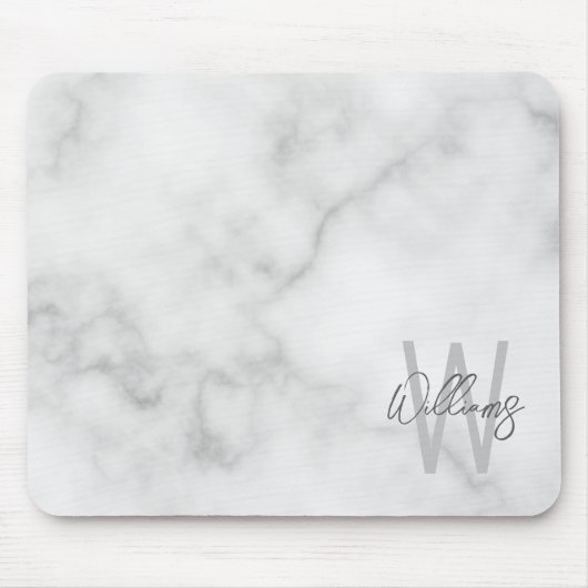 Tapis De Souris Marbre blanc Script Monogramme personnalisé et nom (Devant)