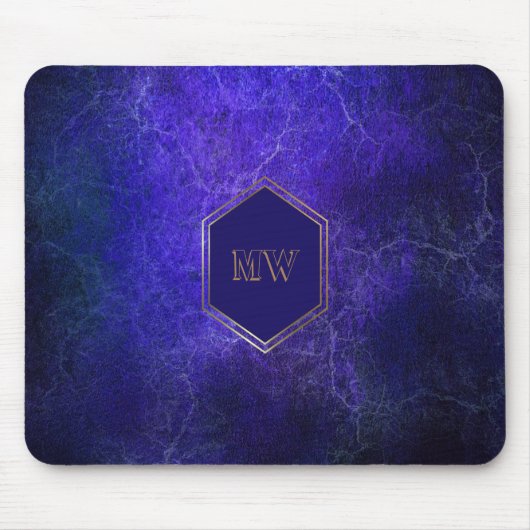 Tapis De Souris Marbre bleu violet monogramme or (Devant)