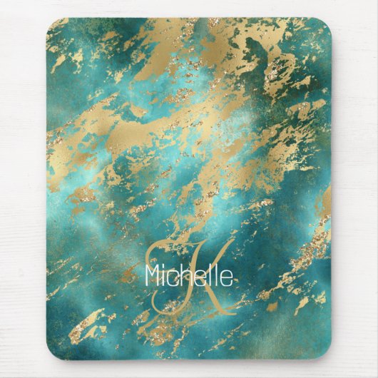 Tapis De Souris Marbre Monogramme Nom Initial Turquoise Vert Or (Devant)