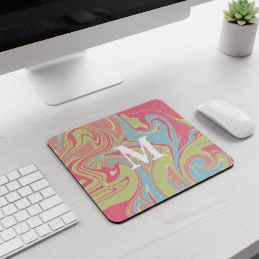 Tapis De Souris Marbre Monogramme Rose et Vert