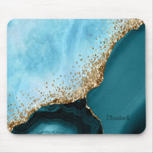 Tapis De Souris Marbre Turquoise Pailleté Or Élégant
