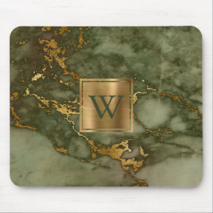 Tapis De Souris Marbre Vert Olive Élégant Monogramme Or