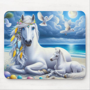 Tapis De Souris Mare et poulain blanc sous la lune