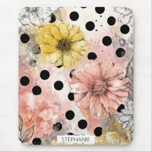 Tapis De Souris Marguerite florale rose et jaune avec points noirs