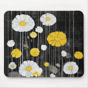Tapis De Souris Marguerites blanches et jaunes sur fond gris noir