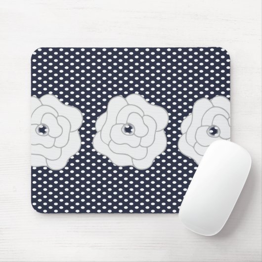 Tapis De Souris Marine Blue Polka Dot & Big White Flowers (Avec souris)