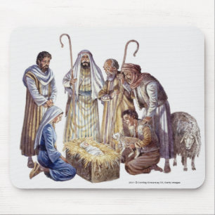 Tapis De Souris Mary, Joseph, et bergers entourant le bébé Jésu