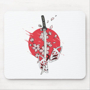 Tapis De Souris Masque de renard à fleurs de cerisier Katana