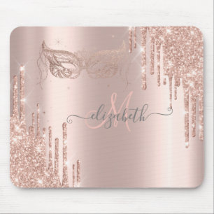 Tapis De Souris Masque Monogramme Rose Gold Modern Glitter Drips