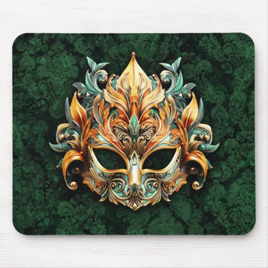 Tapis De Souris Masque Orné Doré sur Fond Vert Forêt (Devant)