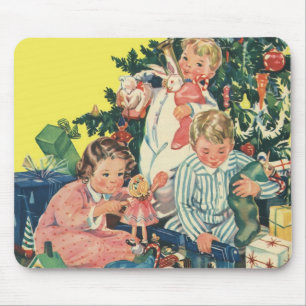 Tapis De Souris Matin de Noël vintage, enfants ouvrant des cadeaux