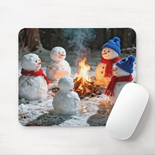Tapis De Souris Melting Snowmen Around a Campfire (Avec souris)