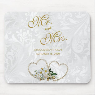 Tapis De Souris Mémoire de mariage en damas de coeurs et fleurs de