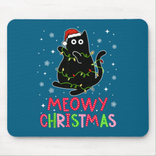 Tapis De Souris Meowy Noël Xmas Lumières Pyjama Chat Noir Fami